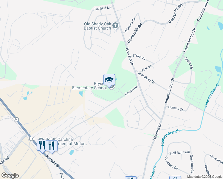 map of restaurants, bars, coffee shops, grocery stores, and more near 703 Bryson Drive in Simpsonville
