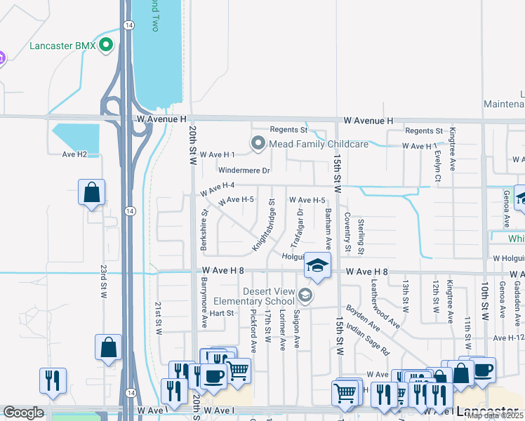 map of restaurants, bars, coffee shops, grocery stores, and more near 45724 Victoria Avenue in Lancaster