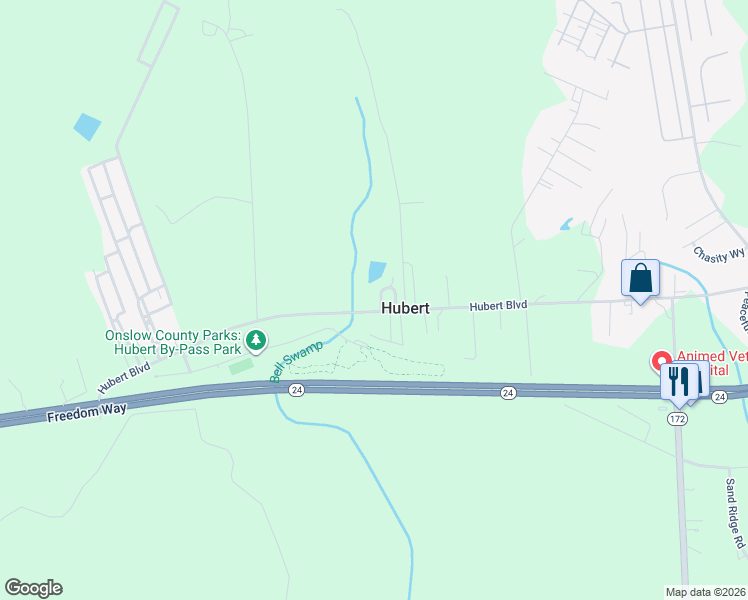 map of restaurants, bars, coffee shops, grocery stores, and more near 253 Hubert Blvd in Hubert