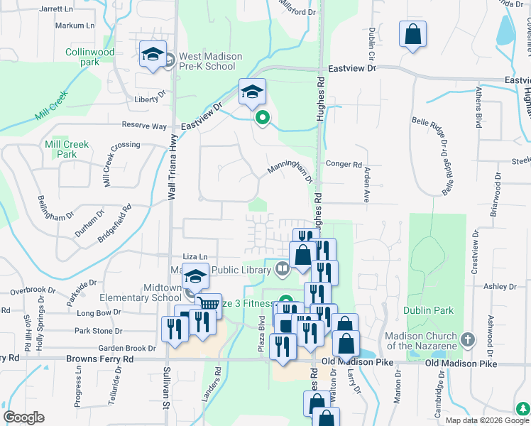 map of restaurants, bars, coffee shops, grocery stores, and more near 1171 Cathedral Circle in Madison