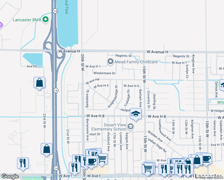map of restaurants, bars, coffee shops, grocery stores, and more near 45724 Victoria Avenue in Lancaster