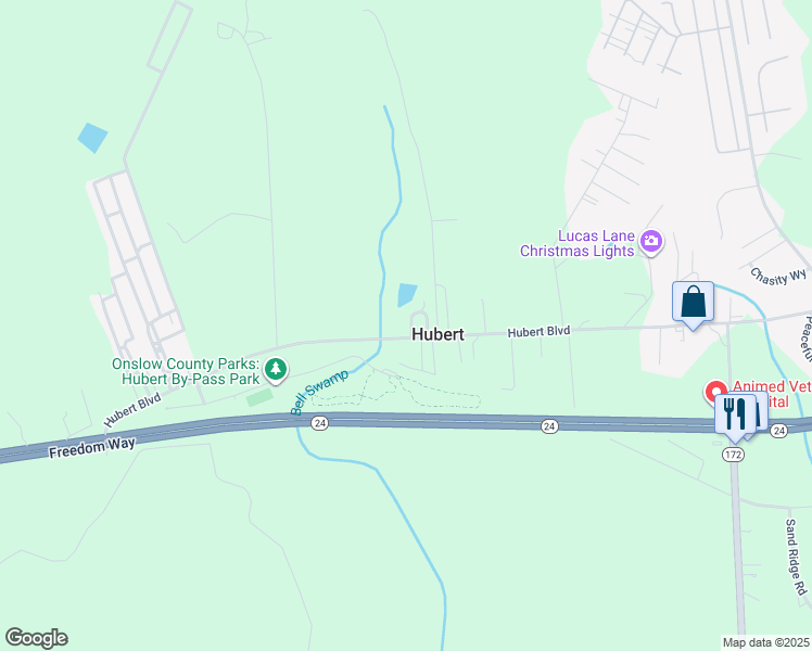 map of restaurants, bars, coffee shops, grocery stores, and more near 253 Hubert Boulevard in Hubert