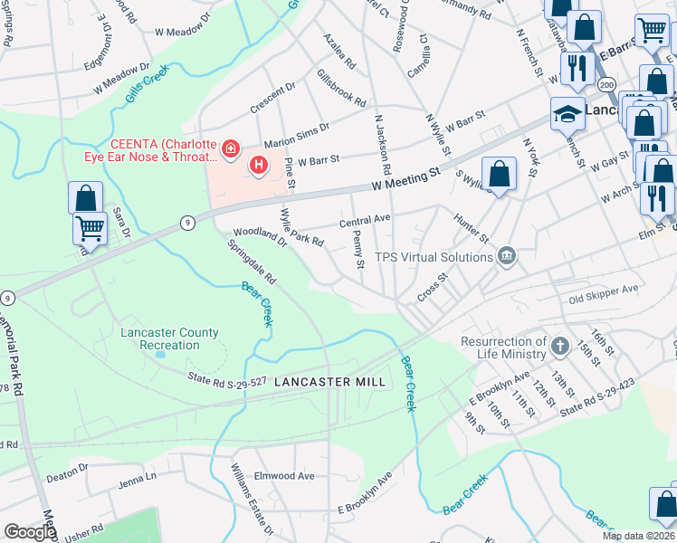 map of restaurants, bars, coffee shops, grocery stores, and more near 113 Wylie Park Road in Lancaster