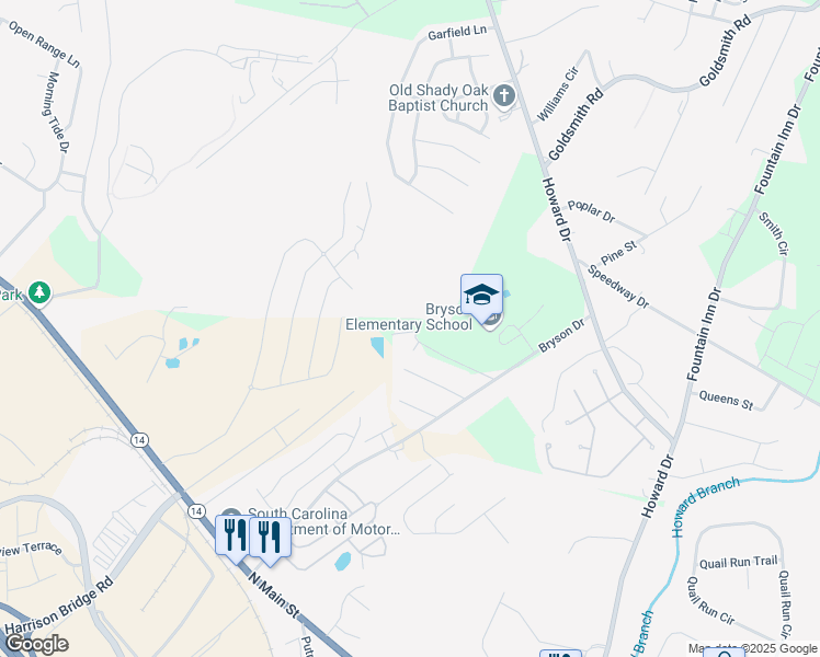 map of restaurants, bars, coffee shops, grocery stores, and more near 121 Bryson Heights Drive in Simpsonville
