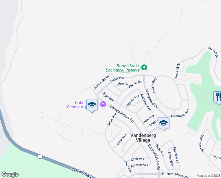 map of restaurants, bars, coffee shops, grocery stores, and more near 4412 Scorpio Road in Lompoc