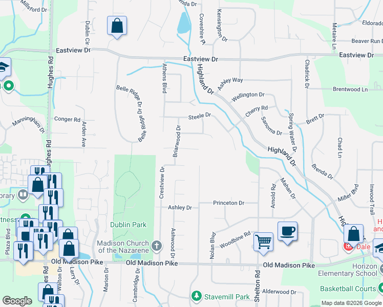 map of restaurants, bars, coffee shops, grocery stores, and more near 105 Timber Ridge in Madison