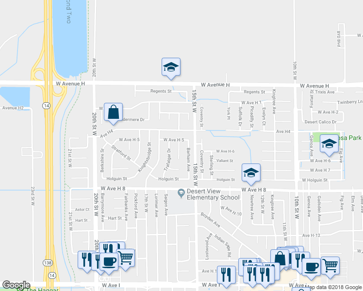 map of restaurants, bars, coffee shops, grocery stores, and more near 45732 Caledonia Court in Lancaster