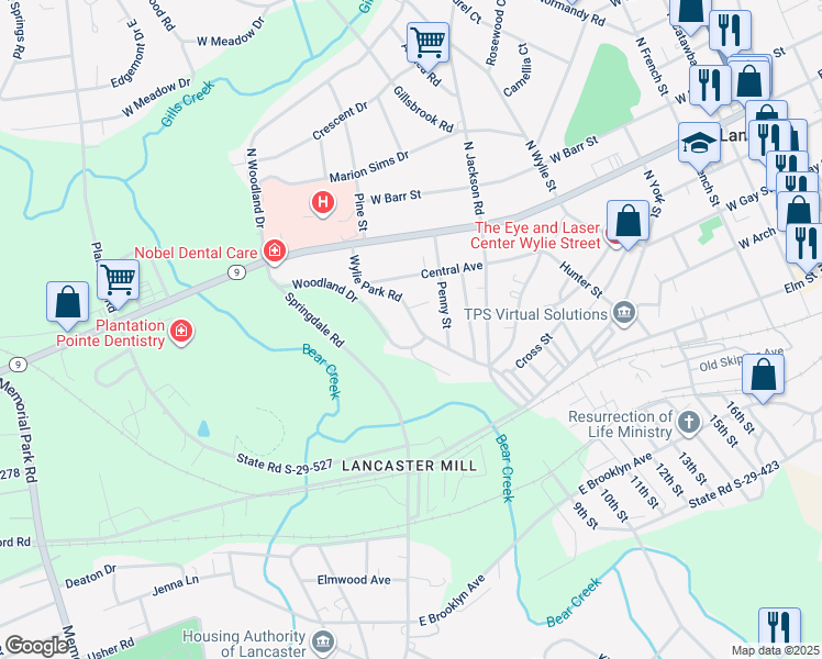 map of restaurants, bars, coffee shops, grocery stores, and more near 113 Wylie Park Road in Lancaster