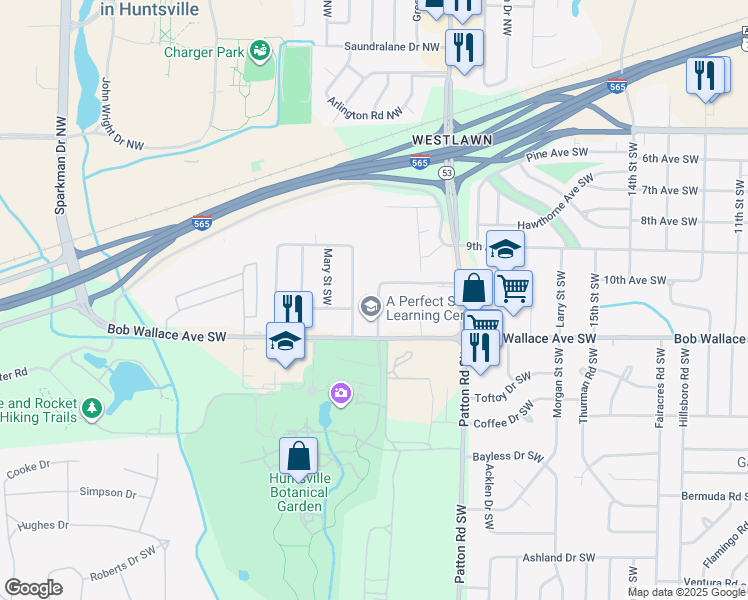 map of restaurants, bars, coffee shops, grocery stores, and more near 4409 Judith Lane Southwest in Huntsville
