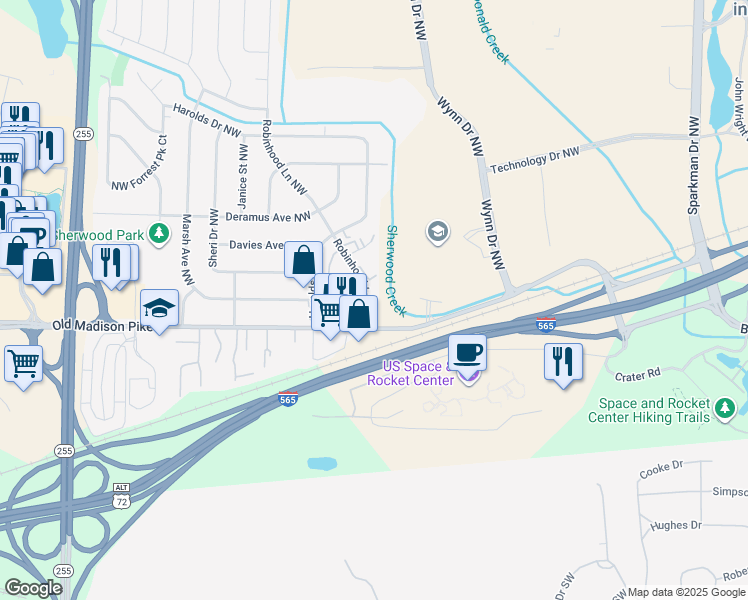 map of restaurants, bars, coffee shops, grocery stores, and more near 6222 Robinhood Lane Northwest in Huntsville