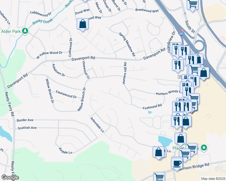 map of restaurants, bars, coffee shops, grocery stores, and more near 602 Foxhound Court in Simpsonville