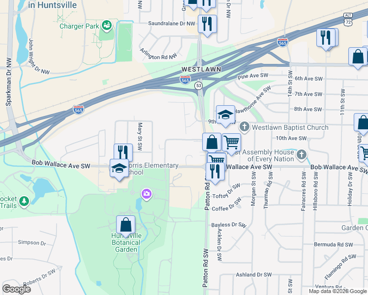 map of restaurants, bars, coffee shops, grocery stores, and more near 4405 Judith Lane in Huntsville