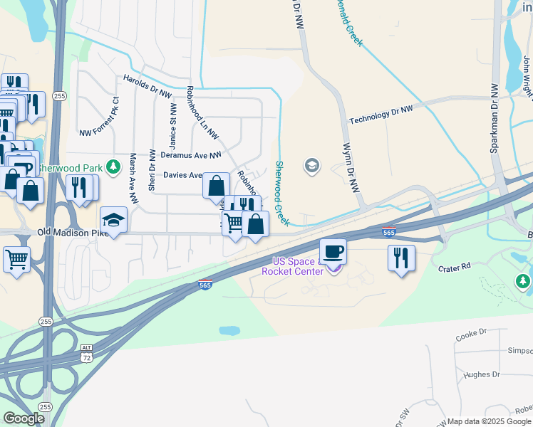 map of restaurants, bars, coffee shops, grocery stores, and more near 6222 Robinhood Lane Northwest in Huntsville