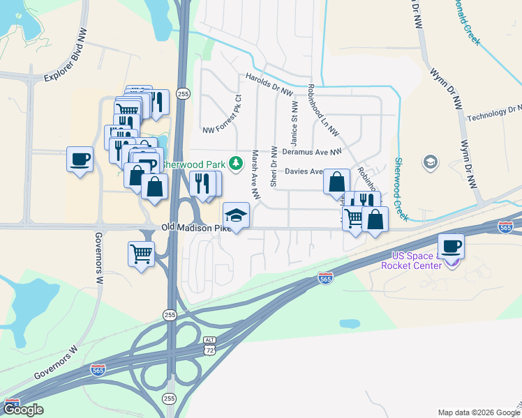 map of restaurants, bars, coffee shops, grocery stores, and more near 6406 Marsh Avenue Northwest in Huntsville