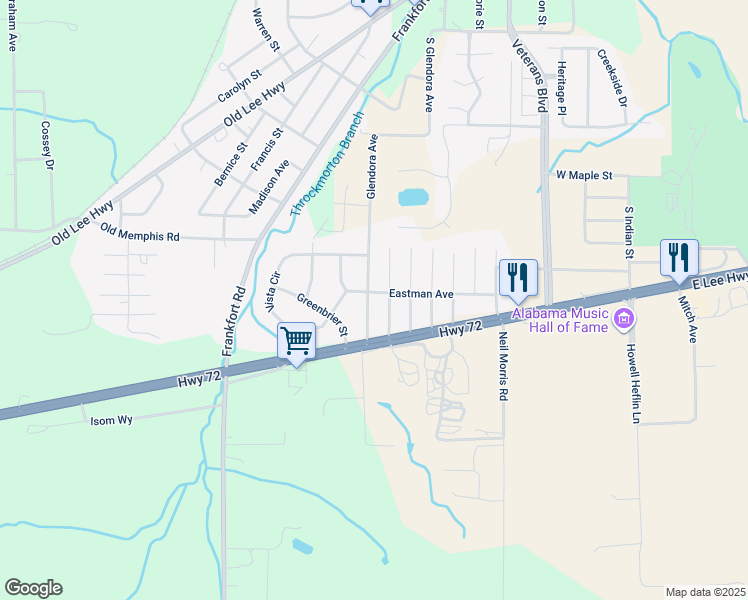 map of restaurants, bars, coffee shops, grocery stores, and more near 1398 Glendora Avenue in Tuscumbia