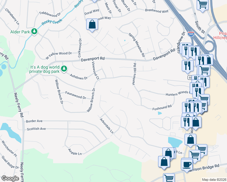 map of restaurants, bars, coffee shops, grocery stores, and more near 504 Foxhound Road in Simpsonville
