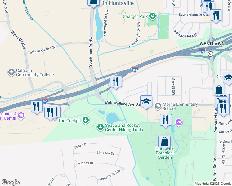 map of restaurants, bars, coffee shops, grocery stores, and more near 5083-5099 Governors House Dr SW in Huntsville
