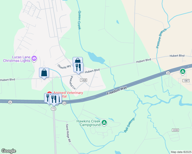 map of restaurants, bars, coffee shops, grocery stores, and more near 105 Barbour Road in Hubert