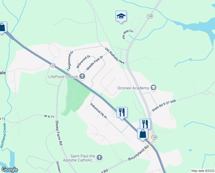 map of restaurants, bars, coffee shops, grocery stores, and more near 313 West Sunsetstrip Drive in Seneca