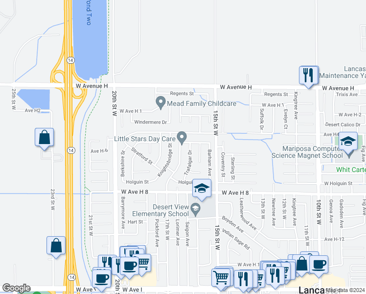 map of restaurants, bars, coffee shops, grocery stores, and more near 45736 17th Street West in Lancaster
