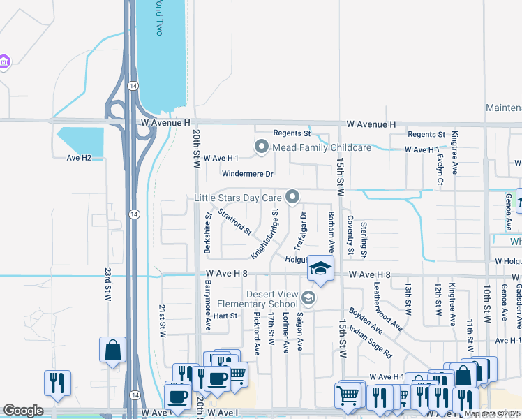 map of restaurants, bars, coffee shops, grocery stores, and more near Victoria Avenue in Lancaster