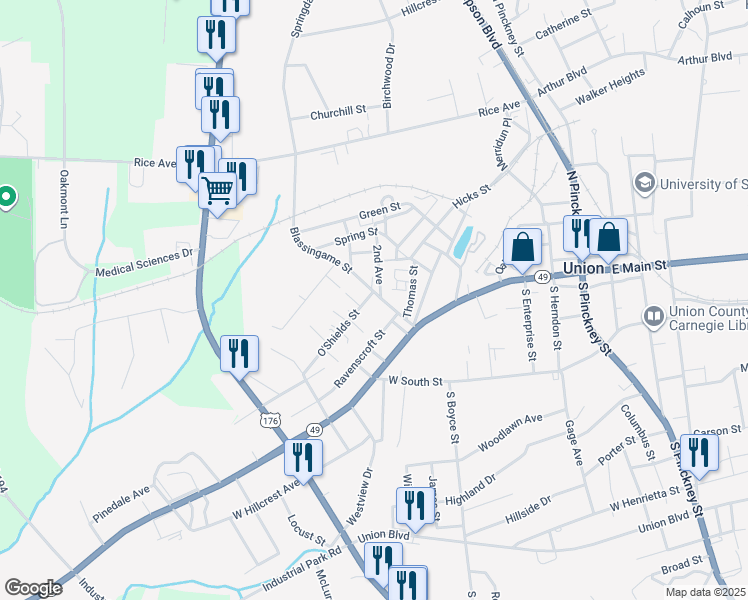 map of restaurants, bars, coffee shops, grocery stores, and more near 100 O'Shields Street in Union