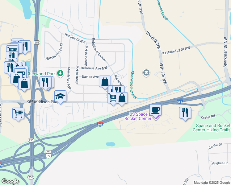 map of restaurants, bars, coffee shops, grocery stores, and more near 6302 Robinhood Lane Northwest in Huntsville