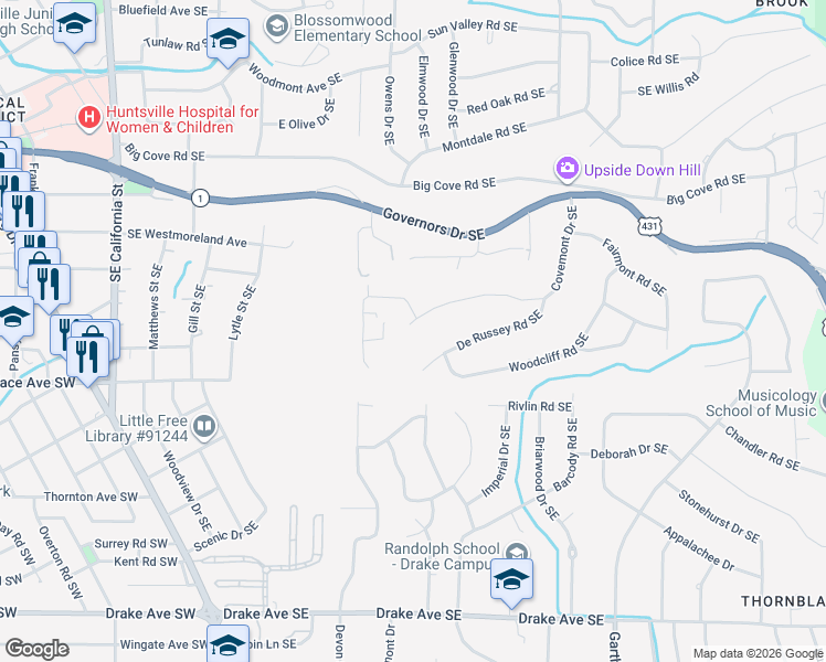 map of restaurants, bars, coffee shops, grocery stores, and more near 2311 Covemont Drive Southeast in Huntsville