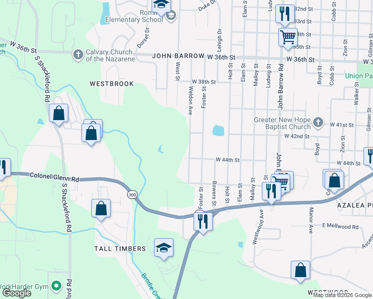 map of restaurants, bars, coffee shops, grocery stores, and more near 4220 Weldon Avenue in Little Rock