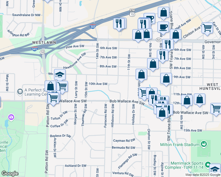 map of restaurants, bars, coffee shops, grocery stores, and more near 2501 12th Street Southwest in Huntsville