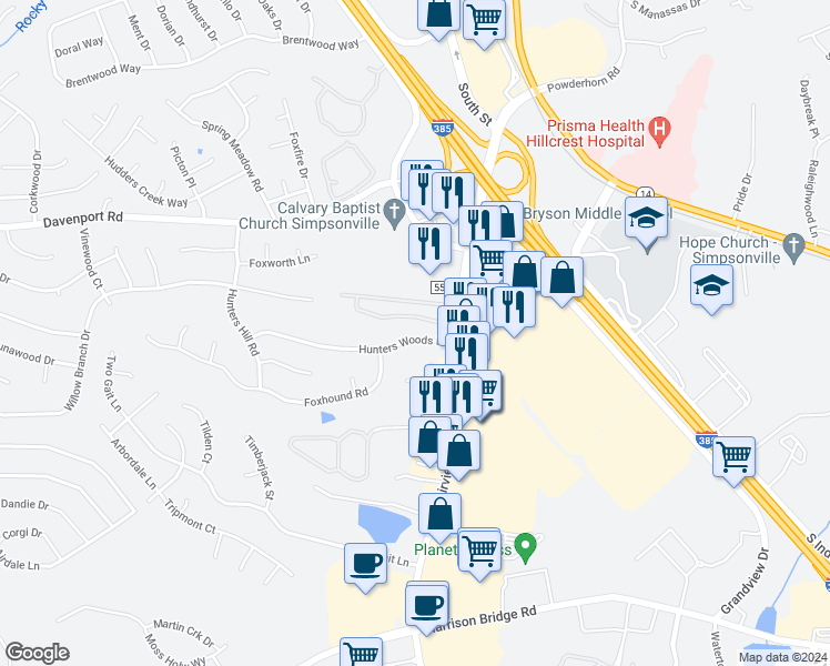 map of restaurants, bars, coffee shops, grocery stores, and more near 108 Hunters Woods Drive in Simpsonville