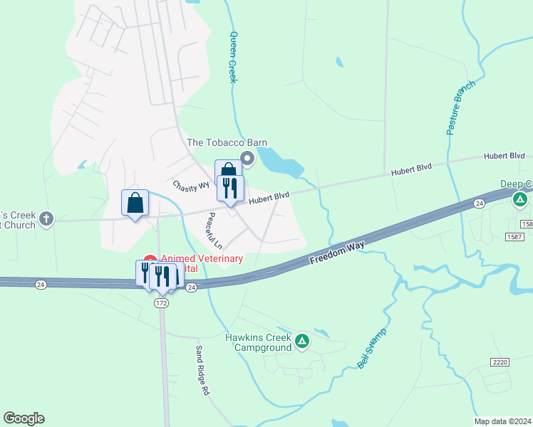map of restaurants, bars, coffee shops, grocery stores, and more near 110 Barbour Road in Hubert