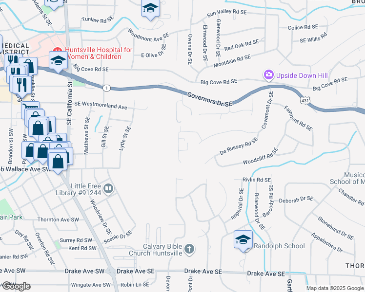 map of restaurants, bars, coffee shops, grocery stores, and more near 2409 Covemont Drive Southeast in Huntsville