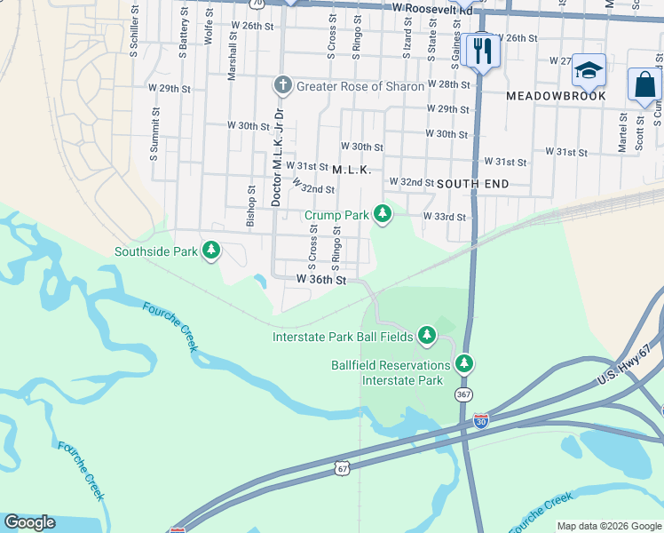 map of restaurants, bars, coffee shops, grocery stores, and more near 1105 West 35th Street in Little Rock