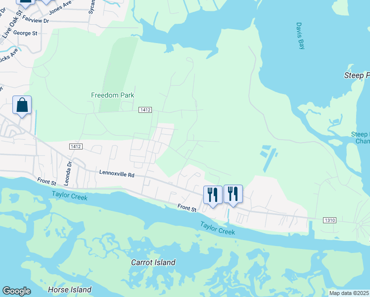 map of restaurants, bars, coffee shops, grocery stores, and more near 319 Fishing Duck in Beaufort