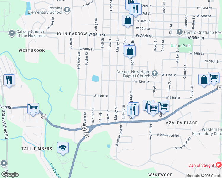 map of restaurants, bars, coffee shops, grocery stores, and more near 4301 Elam Street in Little Rock
