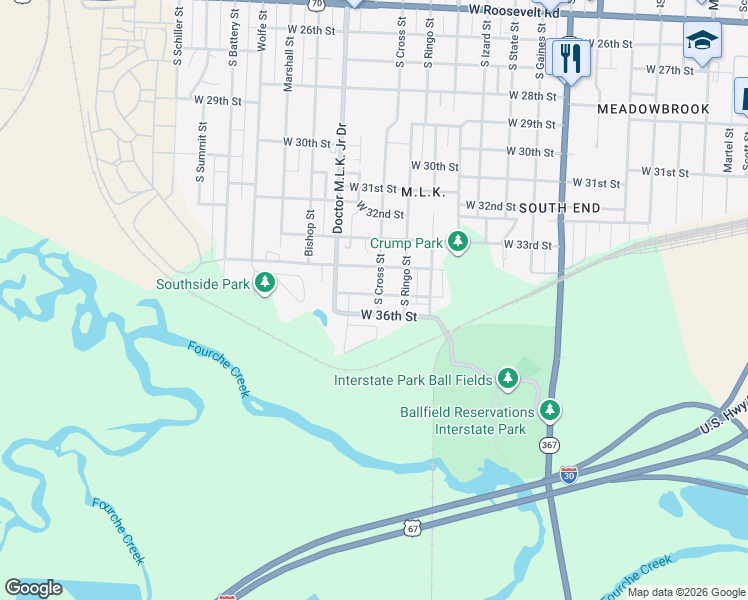 map of restaurants, bars, coffee shops, grocery stores, and more near 1211 West 35th Street in Little Rock