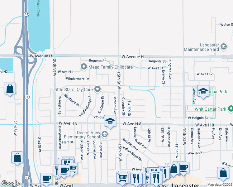 map of restaurants, bars, coffee shops, grocery stores, and more near 45744 Barham Avenue in Lancaster