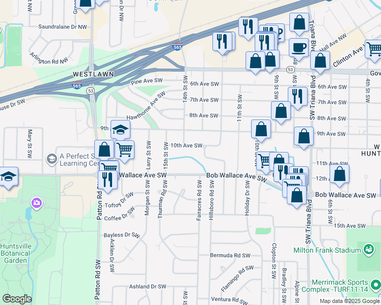 map of restaurants, bars, coffee shops, grocery stores, and more near 3707 10th Avenue Southwest in Huntsville