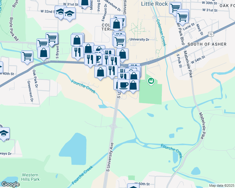 map of restaurants, bars, coffee shops, grocery stores, and more near 4254 U.S. 70B in Little Rock