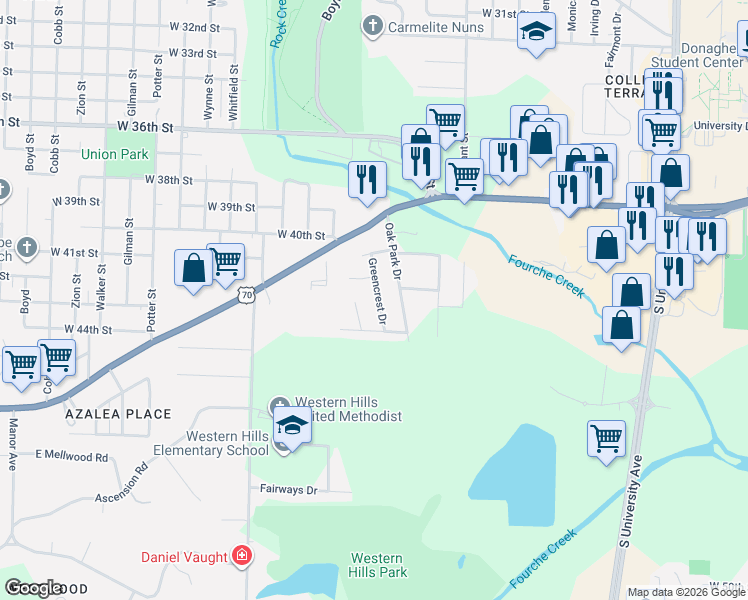 map of restaurants, bars, coffee shops, grocery stores, and more near 208 Greencrest Drive in Little Rock