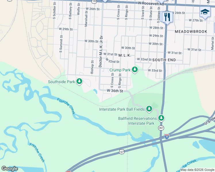 map of restaurants, bars, coffee shops, grocery stores, and more near 1211 West 35th Street in Little Rock