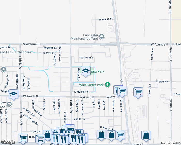 map of restaurants, bars, coffee shops, grocery stores, and more near 45755 Fig Avenue in Lancaster