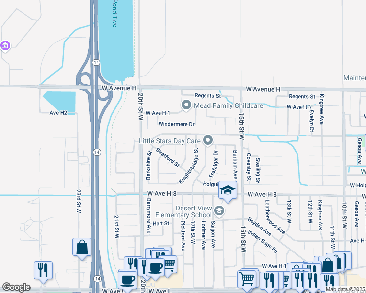 map of restaurants, bars, coffee shops, grocery stores, and more near 45737 Victoria Avenue in Lancaster