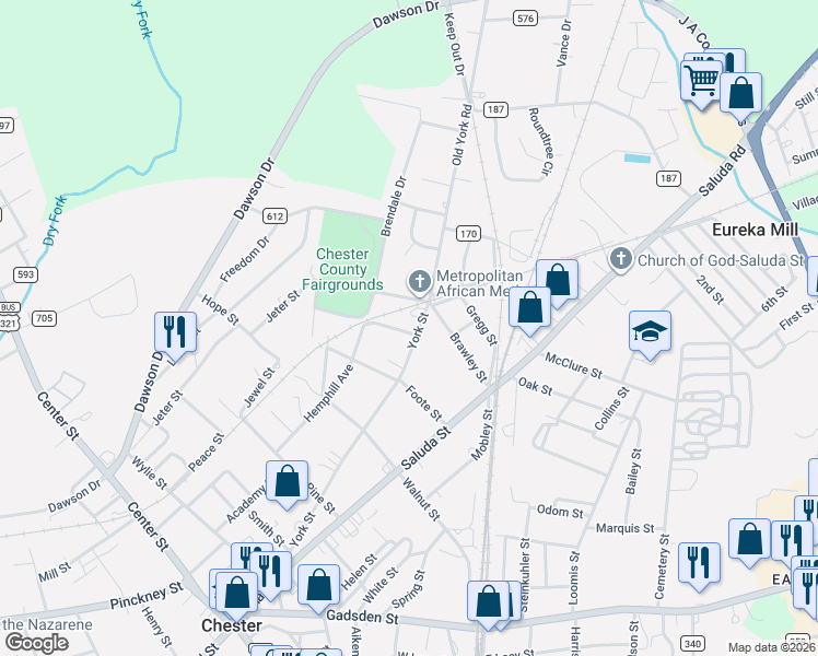 map of restaurants, bars, coffee shops, grocery stores, and more near 172 York Street in Chester