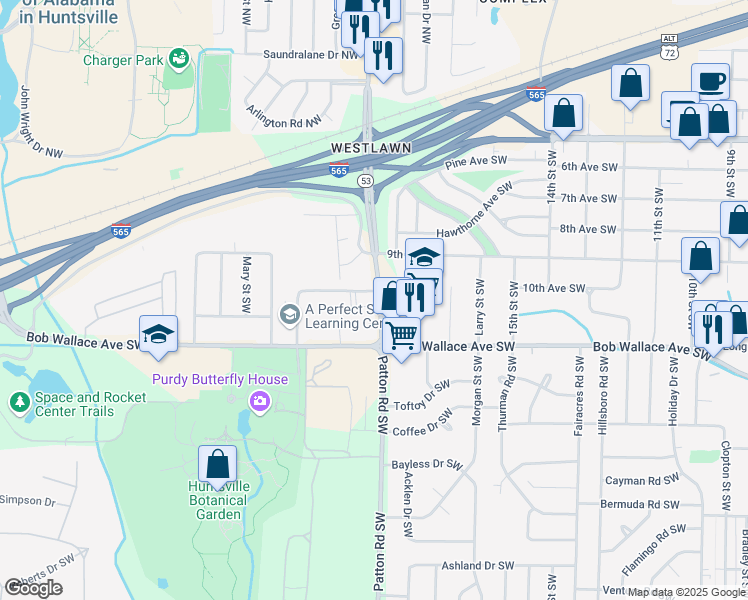 map of restaurants, bars, coffee shops, grocery stores, and more near 2212 Jordan Lane Southwest in Huntsville