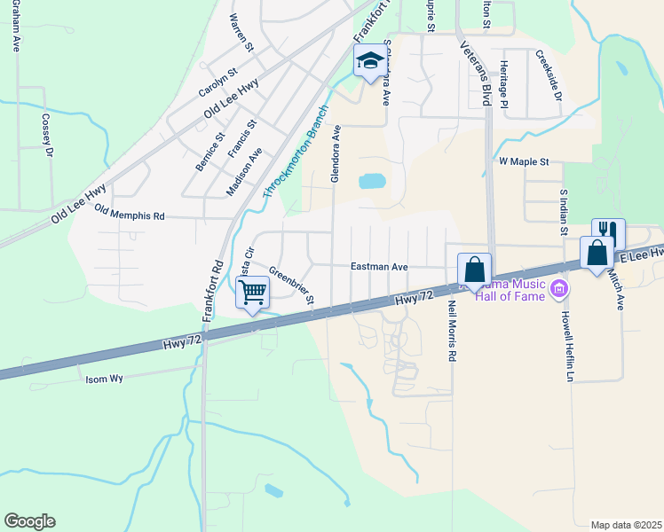 map of restaurants, bars, coffee shops, grocery stores, and more near 1398 Glendora Avenue in Tuscumbia