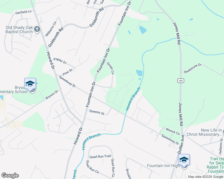 map of restaurants, bars, coffee shops, grocery stores, and more near 15 Smith Circle in Fountain Inn