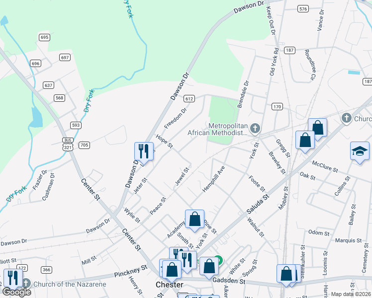 map of restaurants, bars, coffee shops, grocery stores, and more near 181 Jeter Street in Chester