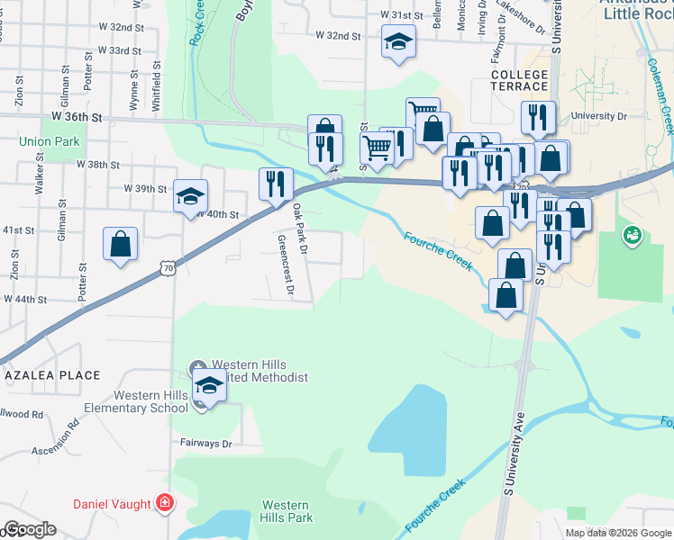 map of restaurants, bars, coffee shops, grocery stores, and more near 403 Charbett Drive in Little Rock